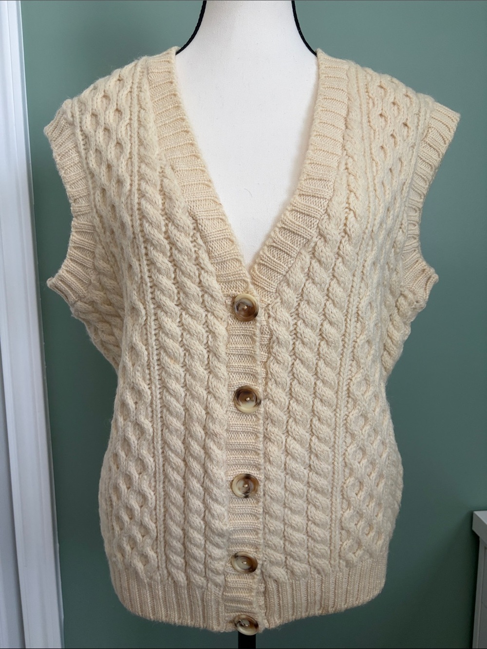Vintage Moffet Woollens Cream Cable Knit Button-Front Sweater Vest - Wool